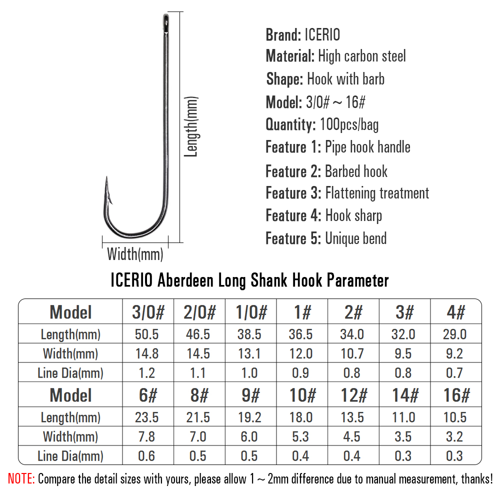 ICERIO 100PCS 16# - 3/0 Long S - Fishing Hook Barbless review and price